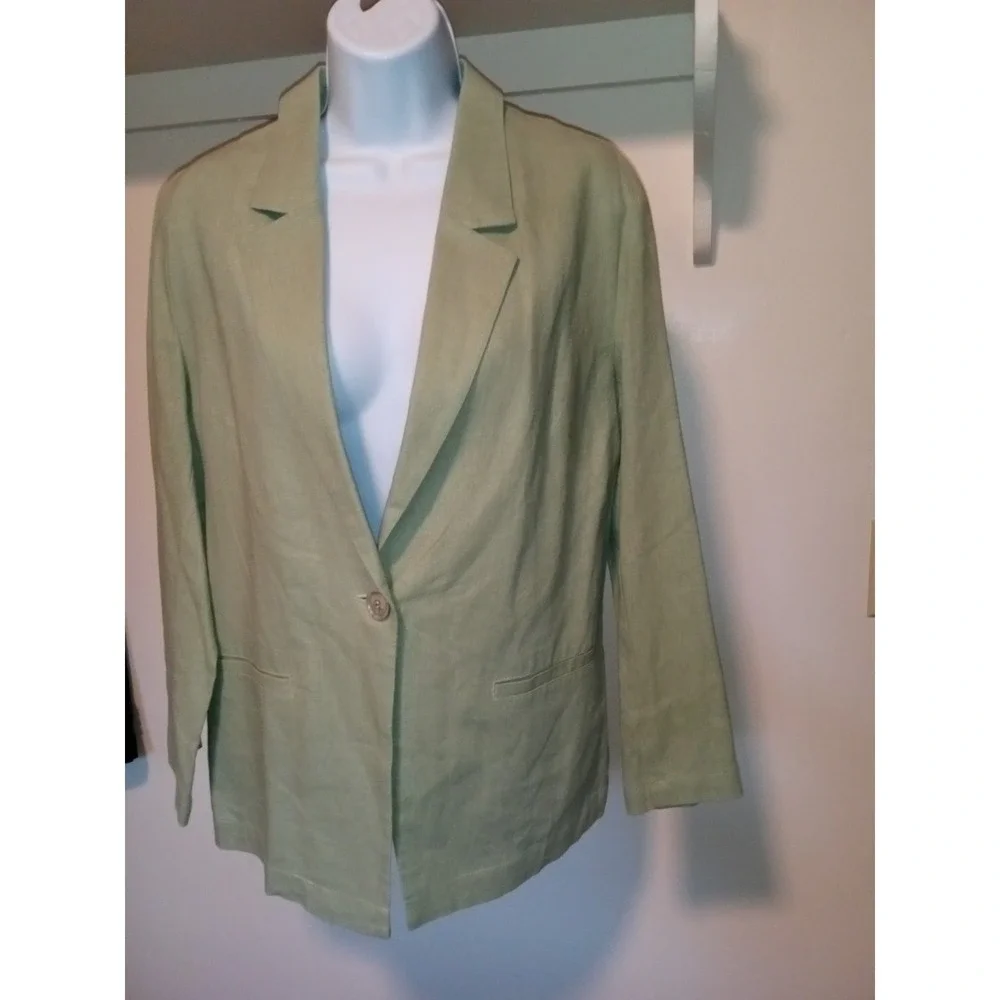 Chadwicks Jacket Blazer Womens Small Tall Sage Green 1 Button Linen Rayon - Picture 1 of 9